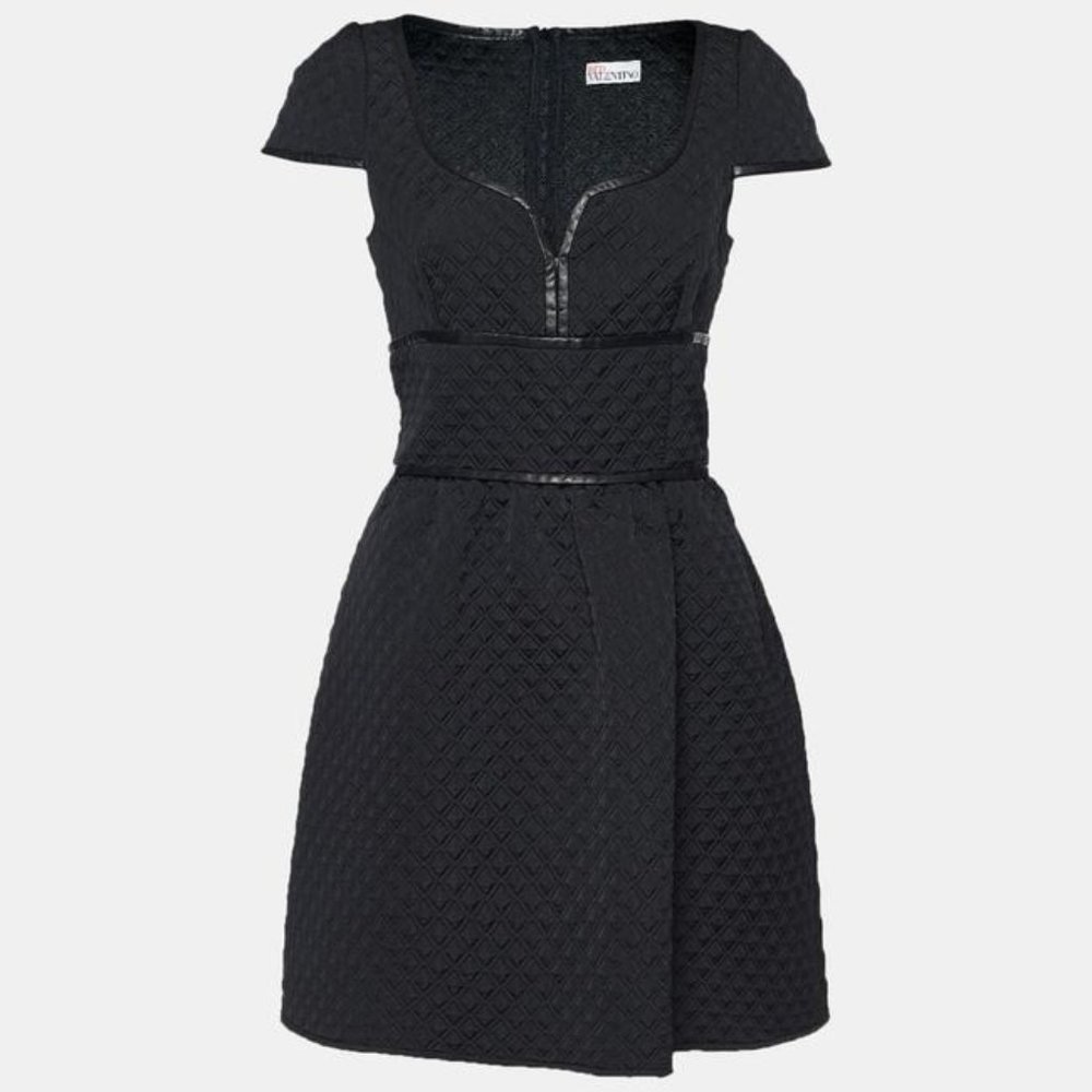 RED Valentino Black Quilted Leather Trim Detailed Cap Sleeve